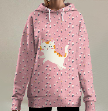Игривый рыжий котенок прыгает в мелких лепестках веселый кот цветы, Hoodie Long Oversize 3D