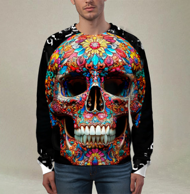Floral Skull - Цветочный мексиканский череп яркий красочный декор, Свитшот мужской 3D