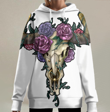 Череп с рогами и цветами сочная природная гармония, Hoodie Long Oversize 3D