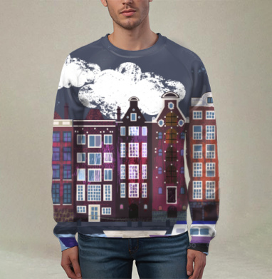 Вечерние дома Амстердама Amsterdam houses на фоне ночного города, Свитшот мужской 3D