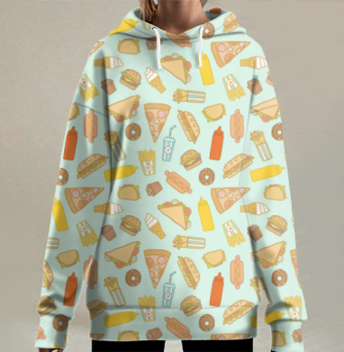 Веселый мультяшный паттерн с фастфудом и сладостями, Hoodie Long Oversize 3D