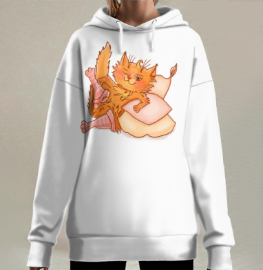 Забавный рыжий кот в розовых носках сладко отдыхает на подушках, Hoodie Long Oversize 3D