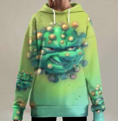 Зловещий мультяшный вирус с хитрой улыбкой, Hoodie Long Oversize 3D