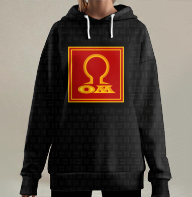 Красный квадрат с жёлтым символом омега и буквами O M, Hoodie Long Oversize 3D
