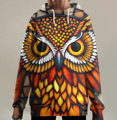 Мозаичный портрет совы в огненных тонах, Hoodie Long Oversize 3D