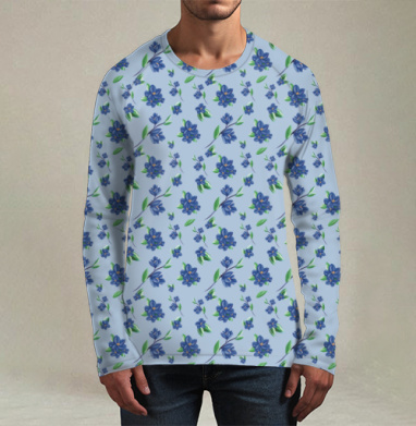 Нежные весенние цветы синие букеты листьями, Футболка мужская лонгслив 3Д