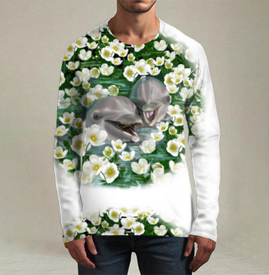 Радостные дельфины в зелёных белых цветах, Футболка мужская лонгслив 3Д