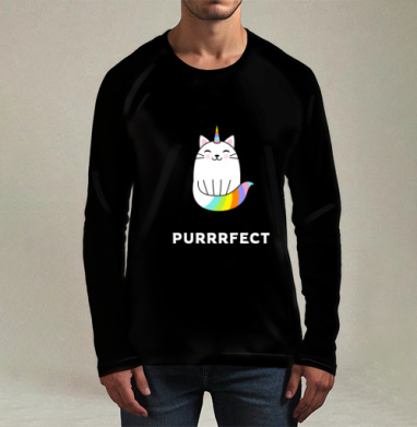Милый единорог-кот с радужным рожком PURRRFECT, Футболка мужская лонгслив 3Д
