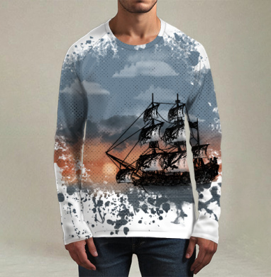 Парусник морское путешествие закат море на воде, Футболка мужская лонгслив 3Д