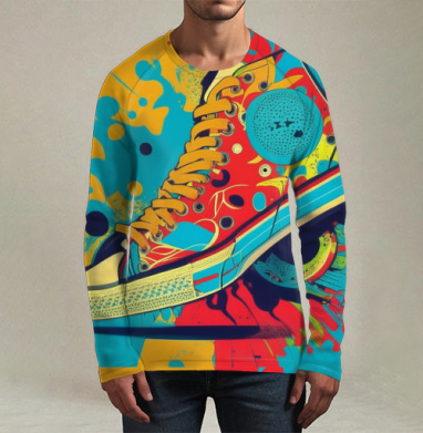 Яркий красочный кед в стиле поп арт на ярком фоне, Футболка мужская лонгслив 3Д
