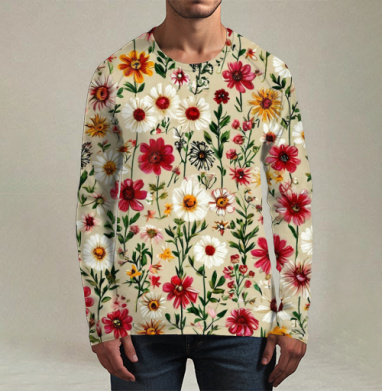 Vintage Wildflower Meadow Garden Pattern / Винтажный луг садовый полевые цветы, Футболка мужская лонгслив 3Д
