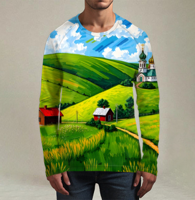 Village Summer Landscape - Летний сельский пейзаж с золотыми куполами церкви, Футболка мужская лонгслив 3Д