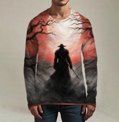 Одинокий воин под кровавой луной, Футболка мужская лонгслив 3Д