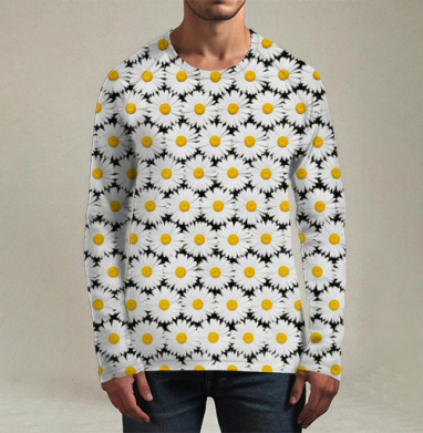 White Daisies Seamless Pattern / Бесшовный узор белые ромашки поле цветы, Футболка мужская лонгслив 3Д