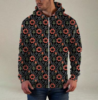 Этнический узор с сердцами и растениями / Ethnic Pattern Style, Толстовка мужская на молнии 3Д полная запечатка