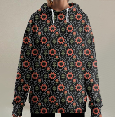Этнический узор с сердцами и растениями / Ethnic Pattern Style, Hoodie Long Oversize 3D