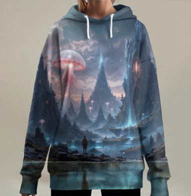 Фантастический мир с медузами и озеро у гор, Hoodie Long Oversize 3D
