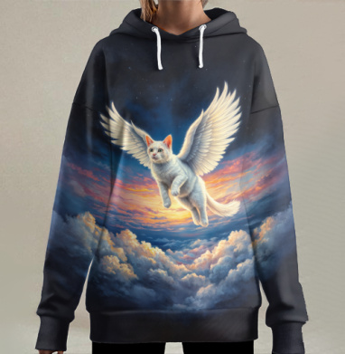 Магический летающий белый кот ангел в небе Flying white angel cat, Hoodie Long Oversize 3D