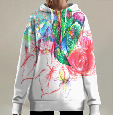 Живописный эскиз бегонии и роз цветными карандашами для декора дома, Hoodie Long Oversize 3D