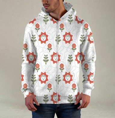 Heart Flower Pattern – Сердечный цветочный орнамент на черном фоне, Толстовка мужская на молнии 3Д полная запечатка