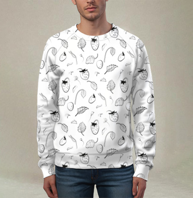 Черный графический рисунок ягод и листьев Паттерн с клубникой, Свитшот мужской 3D