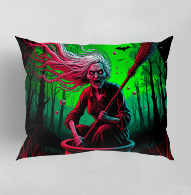 Зловещая ведьма в красном котле под луной Witch in Cauldron, Подушка декоративная 50х70 см