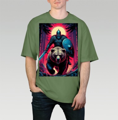 Viking Warrior Bear / Викинг на медведе в стиле ретроволна медведь воин фэнтези, Футболка мужская оверсайз оливковая