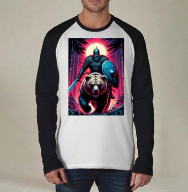 Viking Warrior Bear / Викинг на медведе в стиле ретроволна медведь воин фэнтези, Футболка длинный рукав / Мужчинам / Реглан / Принт