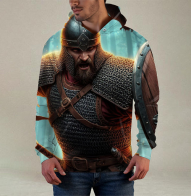 Viking / Викинг - Яростный викинг с пылающим мечом и щитом воин северная битва, Худи / Мужская / С карманом / 3D