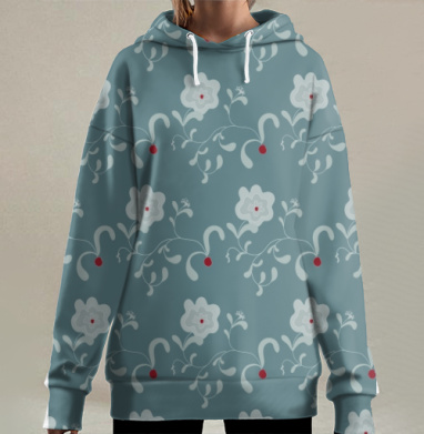 Бирюзовый растительный паттерн в стиле Народный Цветочный Вьюнок, Hoodie Long Oversize 3D