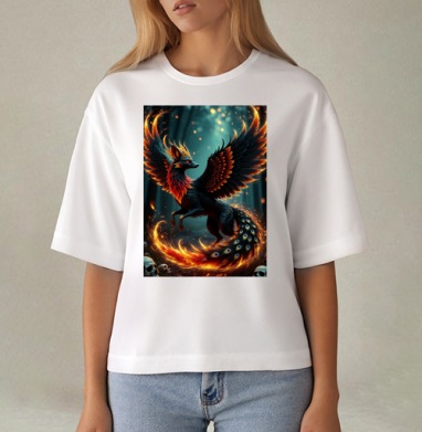 Fire Fox Phoenix Hybrid – Огненная лиса феникс в лесу мистический дух природы, Футболка женская оверсайз Mido