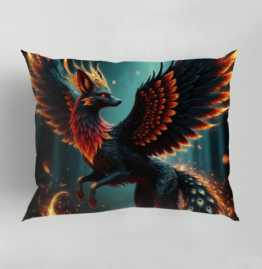 Fire Fox Phoenix Hybrid – Огненная лиса феникс в лесу мистический дух природы, Подушка декоративная 50х70 см