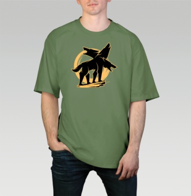 Mystical Three-headed Wolf – Мистический Силуэт Трехглавого Волка, Футболка мужская оверсайз оливковая