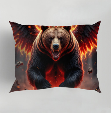 Могучий коронованный огненный медведь с крыльями / Fire Bear Wings, Подушка декоративная 50х70 см