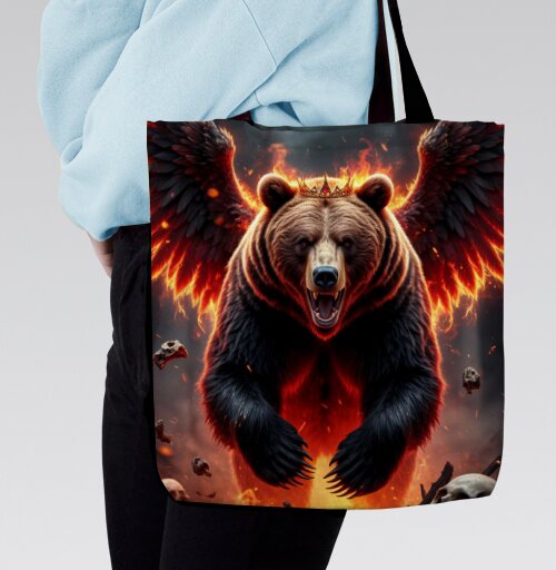 Могучий коронованный огненный медведь с крыльями / Fire Bear Wings, Сумка с ручкой и внутренним карманом на молнии