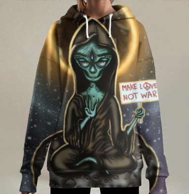 Пришелец с тремя глазами: «Make Love Not War», Hoodie Long Oversize 3D
