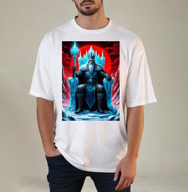 Powerful Eternal Ice King Sitting On Throne - Вечный Ледяной Король Трон, Футболка / Мужчинам / Оверсайз / Белая / C принтом