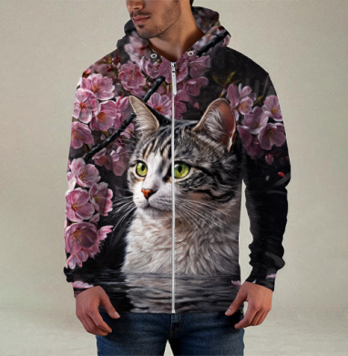 Cat in sakura – Полосатый кот среди розовых лепестков Кот сакура вишня, Толстовка мужская на молнии 3Д полная запечатка