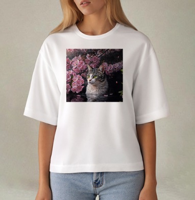 Cat in sakura – Полосатый кот среди розовых лепестков Кот сакура вишня, Футболка женская оверсайз Mido