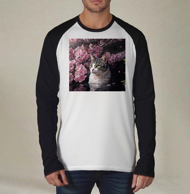 Cat in sakura – Полосатый кот среди розовых лепестков Кот сакура вишня, Футболка длинный рукав / Мужчинам / Реглан / Принт