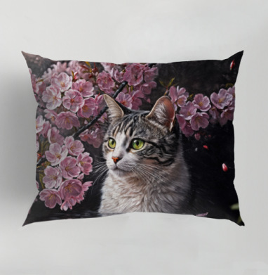 Cat in sakura – Полосатый кот среди розовых лепестков Кот сакура вишня, Подушка декоративная 50х70 см