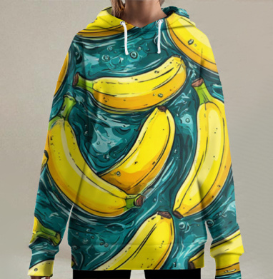 Refreshing Tropical Bananas in Water / Свежие желтые бананы в воде, Hoodie Long Oversize 3D
