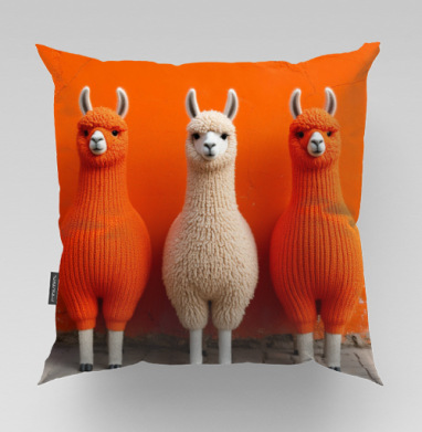 Llamas in orange sweaters / Ламы в ярких свитерах у оранжевой стены - Магазин футболок jestkrd, Подушки