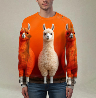 Llamas in orange sweaters / Ламы в ярких свитерах у оранжевой стены - Магазин футболок jestkrd