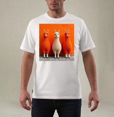 Llamas in orange sweaters / Ламы в ярких свитерах у оранжевой стены - Магазин футболок jestkrd