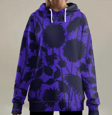 Black Sunflower Silhouette Черный силуэт подсолнуха синие темные подсолнухи, Hoodie Long Oversize 3D