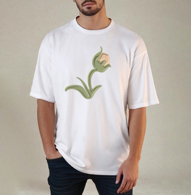 Зеленый объемный тюльпан на черном фоне / Stylized green tulip 3D, Футболка / Мужчинам / Оверсайз / Белая / C принтом