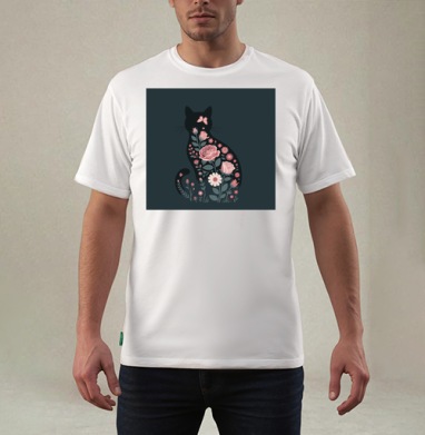 Изящный грациозный силуэт черного кота в розах Floral cat rose, Футболка мужская REGULAR белая