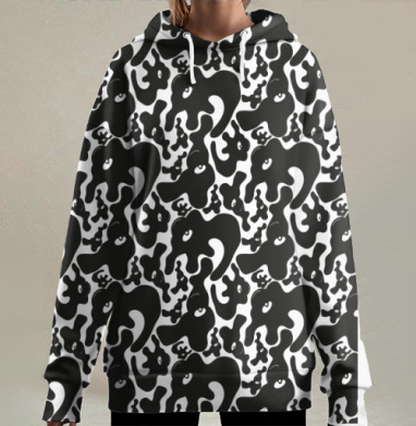 Черно серый камуфляж узор с глазами, Hoodie Long Oversize 3D
