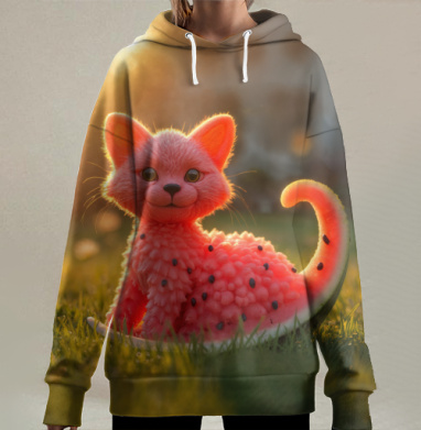Котёнок арбуз в закатных лучах природы самые лучшие друзья, Hoodie Long Oversize 3D